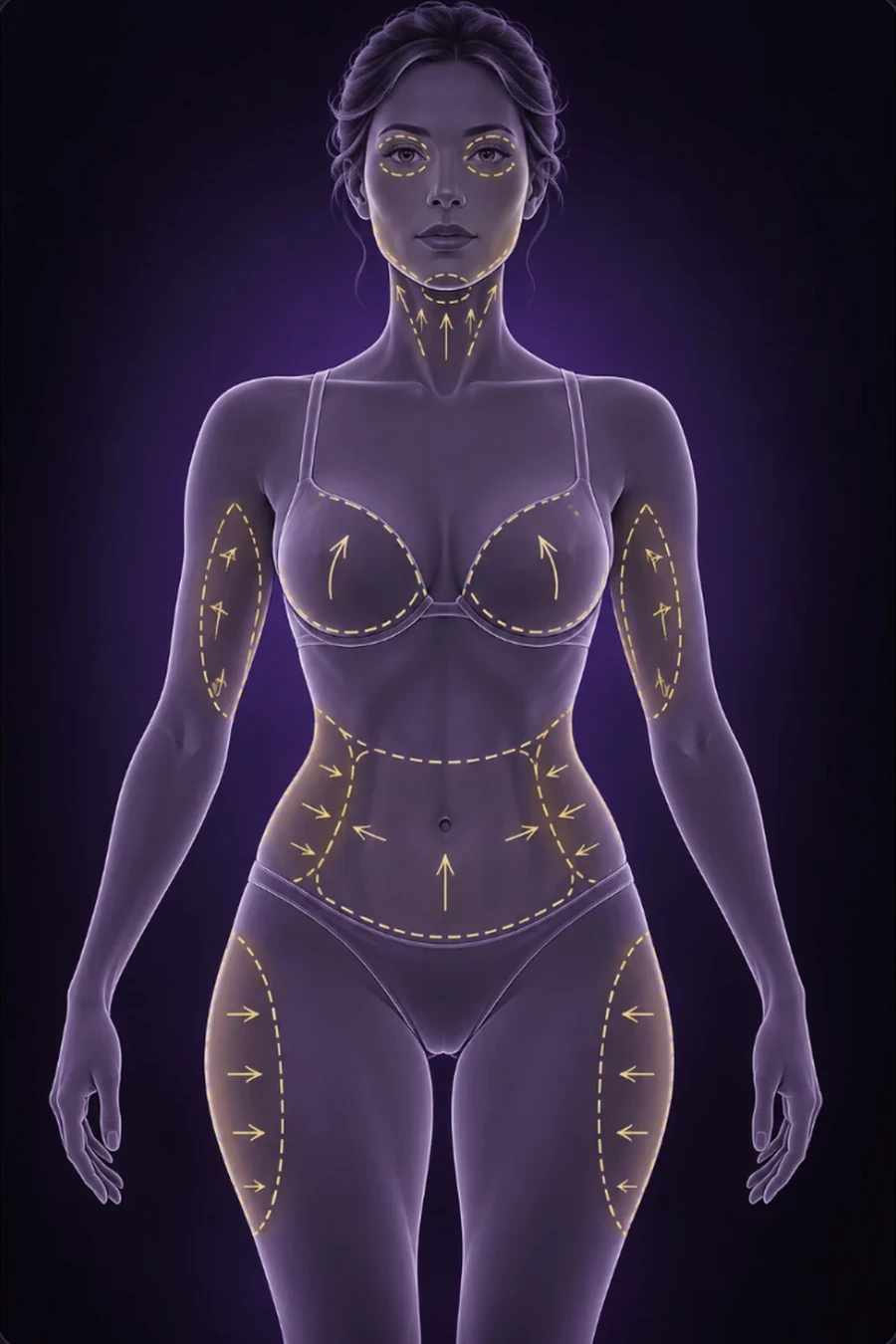 A surgical planning illustration — a figure marked at the eyes, neck, breast, abdomen, arms and thighs
