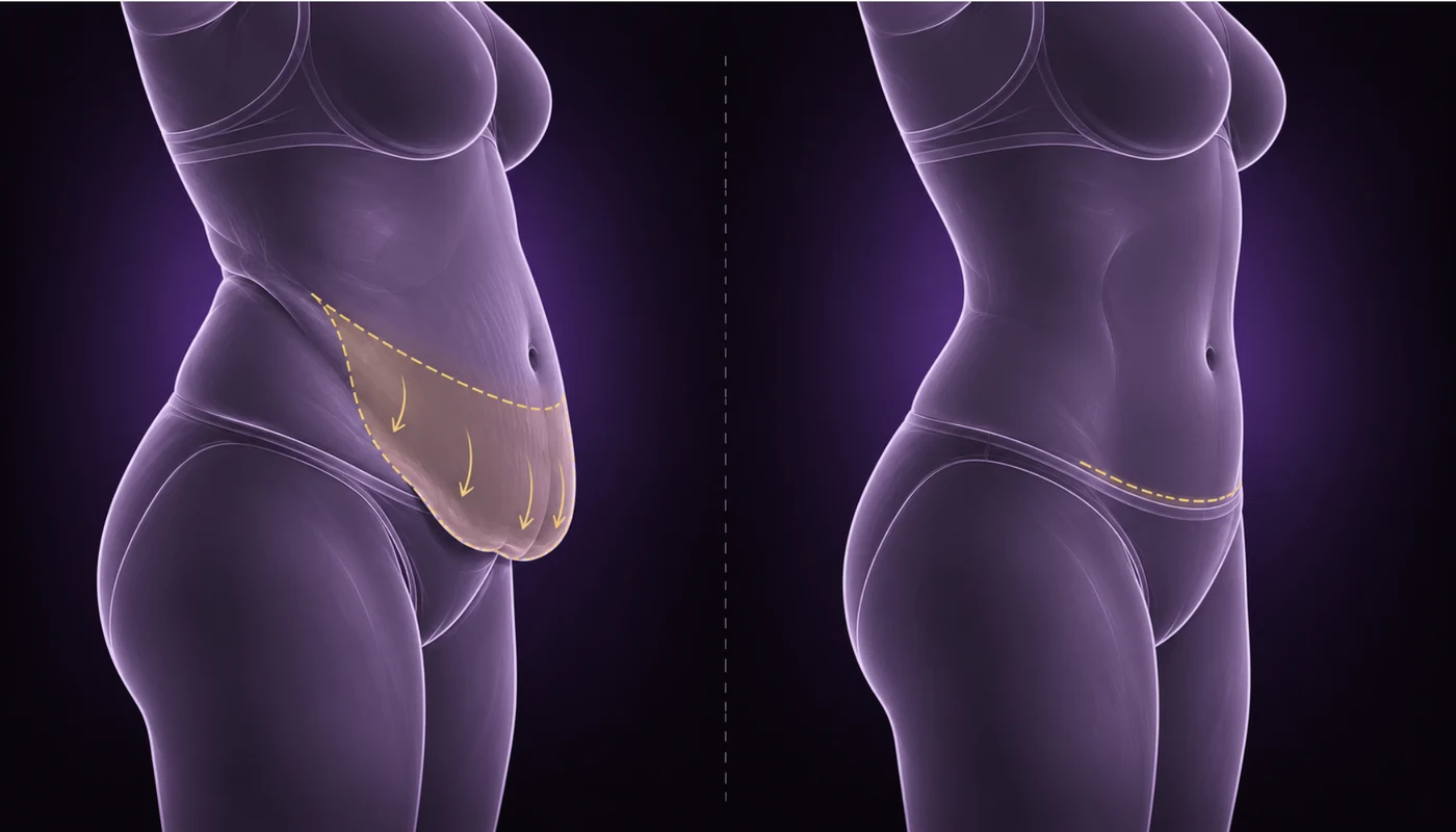 Diagrama de perfil del abdomen antes y después de la abdominoplastia, con la línea de cicatriz marcada