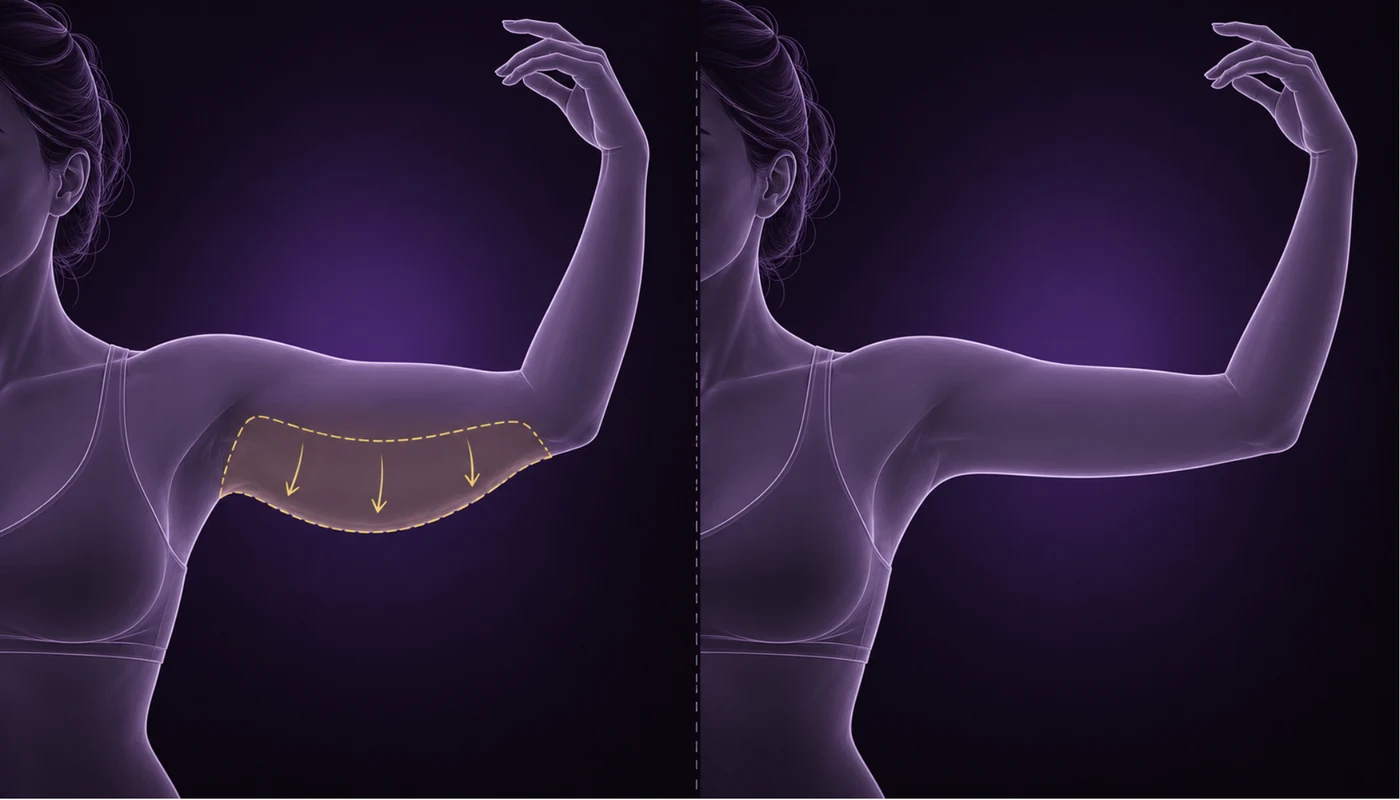 Diagrama del brazo antes y después de la liposucción, con la zona tratada marcada