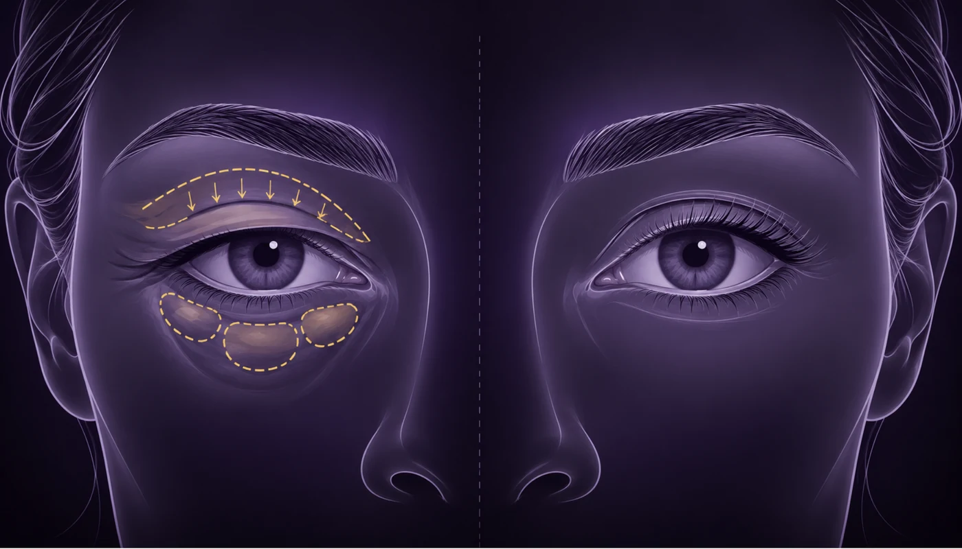 Diagrama del ojo antes y después de la cirugía de párpados