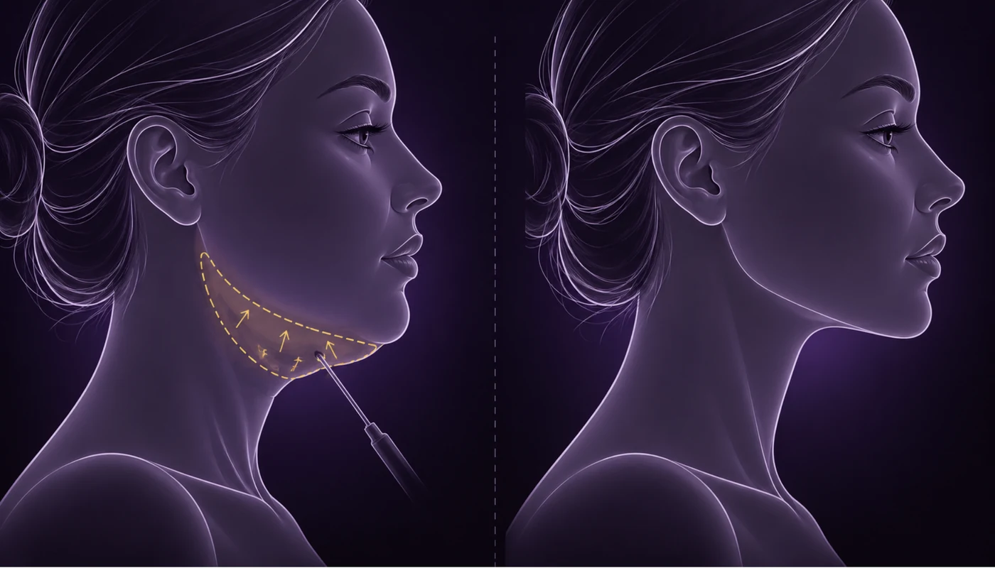 Diagrama de perfil que muestra la línea mandibular antes y después de la liposucción submentoniana