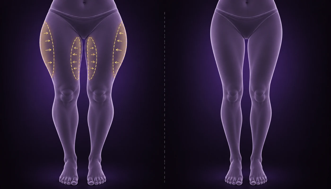 Diagrama de los muslos antes y después de la liposucción, con las zonas interna y externa marcadas